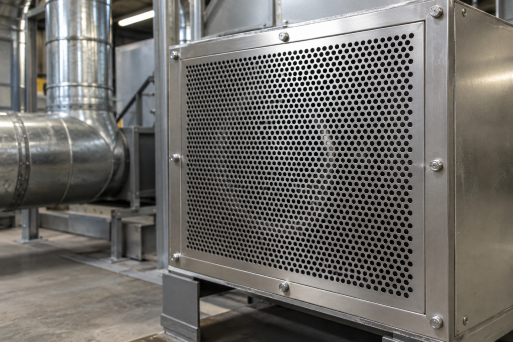 Painel de chapa perfurada aplicado à ventilação de equipamento industrial